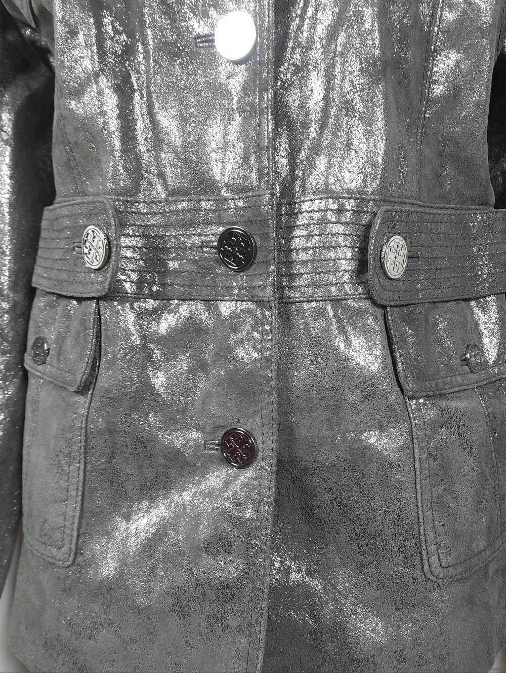 TORY BURCH Leather Jacket Pewter Bomber Biker Logo Distressed Military Thigh 14